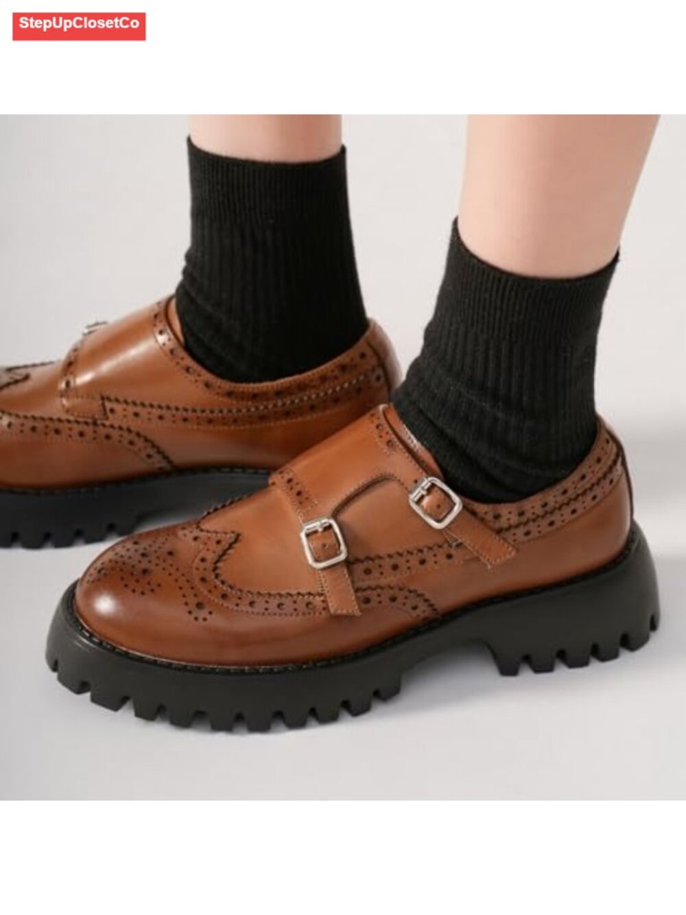 Women's Chunky Calfskin Leather Loafers Lug Sole Tassel Slip On - Picture 5 of 6